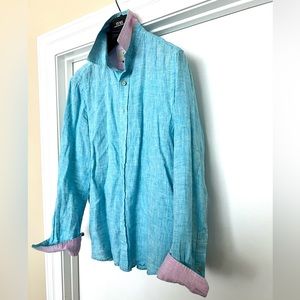 Report Collecting - Linen turquoise button down shirt